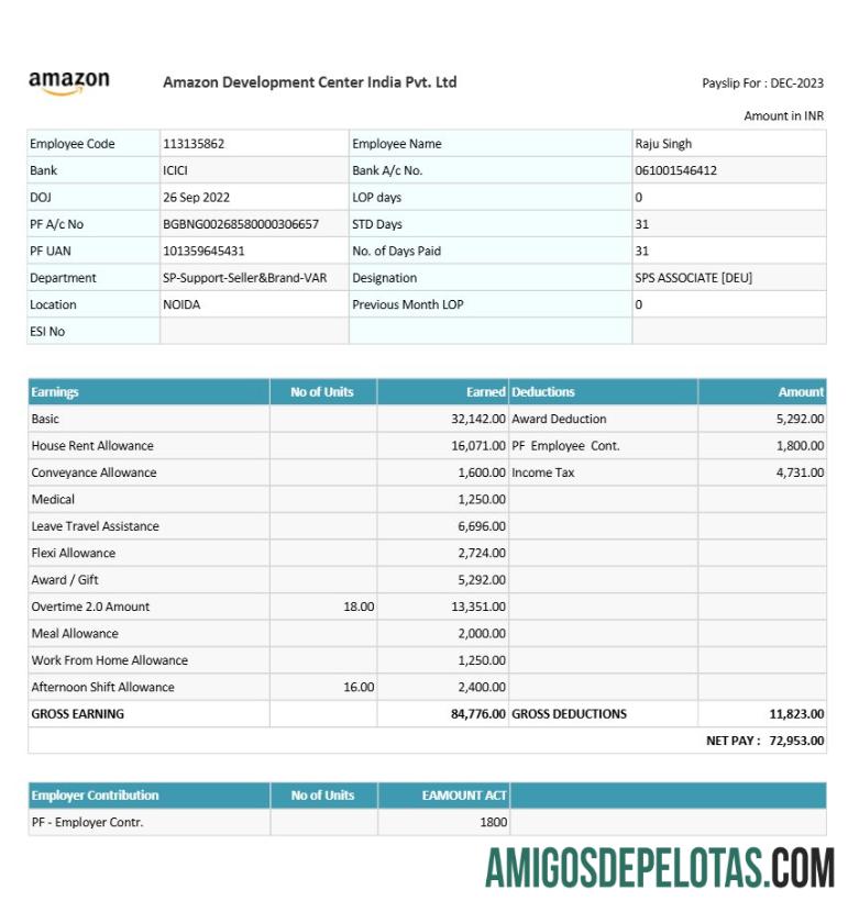 Realista Modelo de recibo de pagamento do Amazon Development Center Índia em formatos Word e PDF.pdf, 1